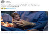 THEHE @1thehe *recovered from corona *died from hantavirus *again born in CHINA a e#Hantavirus 7:01 AM · Mar 24, 2020 · Twitter for Android