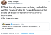 molly conger @socialistdogmom FEMA literally uses something called the waffle house index to help determine the scale of disaster relief efforts after a hurricane. this is ominous. WAFB @WAFB 20h Waffle House closes 365 locations across the U.S. bit.ly/3bpbFBz 6:36 PM · Mar 24, 2020 · Twitter for iPhone