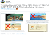 Novice @Nov1ce_ THIS IS A REAL ARTICLE FROM PETA OMG. LET PEOPLE ENJOY THEIR GAME. This is absolutely ridiculous. #AnimalCrossing tgiting yout fahing in Animal Cressing New Horizons vegan? How to spread animal rights through Animal Crossing: New Horizonst toecin 10:09 AM - Mar 24, 2020 - Twitter for iPhone