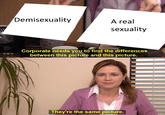 Demisexuality A real sexuality Corporate needs you to find the differences between this picture and this picture. They're the same picture. Text Human