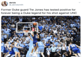 derick @_dericksmith Former Duke guard Tre Jones has tested positive for forever being a Duke legend for his shot against UNC