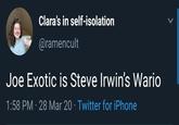 From a "list of memes off ebaumsworld":https://www.ebaumsworld.com/pictures/sixty-four-delicious-randomness-for-your-happy-holes/86234889/?view=list#overlay-list-86234916, this little 6-word tweet references both "Steve Irwin":/memes/people/steve-irwin and "Wario":/memes/wario without having to say more.