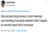 Luke Perraton @LukePerraton Replying to @BecGilroyPod and @CyliePaedspod Kids and pets doing cameos in zoom meetings - zoom bombing. Everybody pretends it didn't happen, but secretly hopes they'll come back 12:21 PM · Mar 12, 2020 · Twitter for iPhone