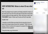 Stynes Robert STOP 5G U.K ... January 27 · VERY INTERESTING: Wuhan is where 5G was rolled out O 234 135 Comments 316 Shares What if 5g wrecked immune systems and thereby boosted the virulency of the normal cold? One of the main points about 5G was that it would wreck immune systems and make people sick. Silicon vally does not want it and THE KICKER: People in Wuhan say 5G sucks and that 4G was better. O Like A Share FIGURE THAT. I remember now that Wuhan was where the tech was going to be put in place first but forgot all about that with this "pandemic". What if all we are seeing in Wuhan is sickness from exposure to excessive 5G radiation, and weakened immune systems? i See Notice Things that make you go Hmmmmmm