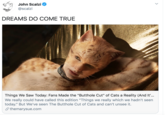 John Scalzi @scalzi DREAMS DO COME TRUE Things We Saw Today: Fans Made the "Butthole Cut" of Cats a Reality (And It'... We really could have called this edition "Things we really which we hadn't seen today." But We've seen The Butthole Cut of Cats and can't unsee it. S themarysue.com