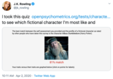 J.K. Rowling @jk_rowling I took this quiz openpsychometrics.org/tests/characte... to see which fictional character l'm most like and The best match between the self assessment you provided and the profile of a fictional character as rated by other people who have taken this survey is the character Albus Dumbledore (Harry Potter). 81% match Your traits versus their traits are graphed below (click on points for labels). 10:11 AM · Apr 2, 2020 · Twitter Web App