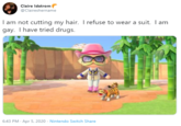 Claire Idstrom @Claireshername I am not cutting my hair. I refuse to wear a suit. I am gay. T have tried drugs. 6:43 PM - Apr 5, 2020 · Nintendo Switch Share