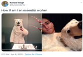 Kunwar Singh @Kunwonderful How tf am I an essential worker 2:12 AM · Apr 6, 2020 · Twitter for iPhone