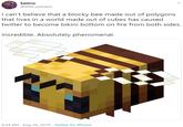 Saltine @little_paisano I can't believe that a blocky bee made out of polygons that lives in a world made out of cubes has caused twitter to become bikini bottom on fire from both sides. Incredible. Absolutely phenomenal. 9:34 AM - Aug 26, 2019 · Twitter for iPhone