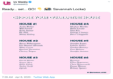 US Us Weekly @usweekly Ready... set... GO! 6: Savannah Locke) CHOOBE YOUR QUARANTINEHOUSE HOUSE #1 HOUSE #4 Meghan Markle Demi Lovato Justin Bieber Will Ferrell Kylie Jenner Dr. Phil Tina Fey George Clooney Dave Chappelle Mindy Kaling HOUSE #2 HOUSE #5 Reese Witherspoon Lin-Manuel Miranda Jennifer Lopez Lebron James Miley Cyrus Quentin Tarantino Chrissy Teigen Gordon Ramsey Post Malone Jennifer Aniston HOUSE #3 HOUSE #6 Beyonce Ellen Degeneres Chris Hemsworth David Blaine Kanye West Billie Eilish Emma Watson Taylor Swift Oprah Britney Spears BY @SAVANNAHLLOCKE 7:29 AM · Apr 6, 2020 · Twitter Web App