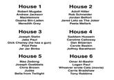 House 1 House 2 Robert Mugabe Adolf Hitler Andrew Jackson Rob Schneider Macklemore Jordan Belfort Osama Bin-Laden Jared Leto as The Joker Meredith Grey Peeta Mellark House 3 House 4 Joseph Stalin Jake Paul Saddam Hussein D--- Cheney (he has a gun) Pilot Pete Caroline Calloway Dan Bilzerian Carole Baskin Jar Jar Binks Joffrey Baratheon House 5 House 6 Mao Zedong Joseph Goebbels Chris Brown Omar Al-Bashir Logan Paul Whoever wrote Cats (movie) Carrie Bradshaw Judas Bella from Twilight Tony Robbins