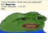Time traveler: what are you playing? Me Skyrim Time Traveler: 1 or 2? Me: