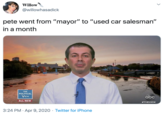 Willow @willowhasadick pete went from "mayor" to "used car salesman" in a month THE POLITICAL VIEW abc ALL NEW #THEVIEW 3:24 PM · Apr 9, 2020 · Twitter for iPhone