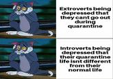 Extroverts being depressed that they cant go out during quarantine Introverts being depressed that their quarantine life isnt different from their normal life
