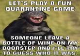 LET'S PLAY A FUN QUARANTINE GAME SOMEONE LEAVE A BOTTLE OF WINE ON MY DOORSTEP AND I'LL TRY TO GUESS WHO IT WAS. Chimpanzee Common chimpanzee Facial expression Photo caption Primate Snout Internet meme Adaptation Human Laugh
