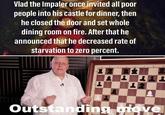 Vlad the Impaler once invited all poor people into his castle for dinner, then he closed the door and set whole dining room on fire. After that he announced that he decreased rate of starvation to zero percent. Outstanding move