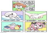 FELLAS, WEVE ALL HAD THIS WORRY: WHAT IF WE ACCIDENTALLY DO SOMETHING GAY? WELL LET THIS HELPFUL COMIC BE YOUR GUIDE! TAKING NAPS: GAY HOLDING HANDS : NOT GAY W/ YOUR BROS ORDERING DESSERT: GAY BEING CUTE : NOT GAY SHEN COMIX