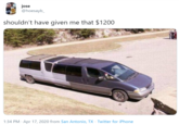 jose @hoesayb_ shouldn't have given me that $1200 1:34 PM · Apr 17, 2020 from San Antonio, TX · Twitter for iPhone