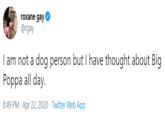 roxane gay @rgay I am not a dog person but I have thought about Big Poppa all day. 8:49 PM · Apr 22, 2020 · Twitter Web App