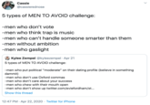 5 types of MEN TO AVOID challenge:   -men who don’t vote -men who think trap is music -men who can’t handle someone smarter than them -men without ambition -men who gaslight Cassie @cassierednose 5 types of MEN TO AVOID challenge: -men who don't vote -men who think trap is music -men who can't handle someone smarter than them -men without ambition -men who gaslight Kylee Zempel @kyleezempel · Apr 21 5 types of MEN TO AVOID challenge: -men who put political "moderate" on their dating profile (believe in something dammit) -men who don't use Oxford commas -men who don't care about your success -men who chew with their mouth open -men who don't show up twitter.com/eviefordham/st... Show this thread 12:47 PM · Apr 22, 2020 · Twitter for iPhone