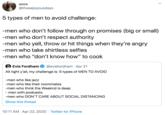 types of men to avoid challenge:   -men who don’t follow through on promises (big or small) -men who don’t respect authority -men who yell, throw or hit things when they’re angry  -men who take shirtless selfies -men who “don’t know how” to cook anna @thesejoyousdays 5 types of men to avoid challenge: -men who don't follow through on promises (big or small) -men who don't respect authority -men who yell, throw or hit things when they're angry -men who take shirtless selfies -men who "don't know how" to cook Evie Fordham @eviefordham · Apr 21 All right y'all, my challenge is: 5 types of MEN TO AVOID -men who like jazz -men who like their roommates -men who think the Weeknd is deep - men with podcasts -men who DON'T CARE ABOUT SOCIAL DISTANCING Show this thread 10:11 AM · Apr 22, 2020 · Twitter for iPhone