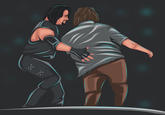 illustration of The Undertaker about to throw Mankind off the top of a cell
