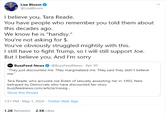 There's more to her tweets than just this one submitted to the gallery. Read them to form your own opinion but to tl;dr, she won't deny the allegation of Biden being a r----- but she also see's Trump as one that is worse in having gotten away with it, bragging about it, and even Trump's arrogance resulting in a lot of deaths related to COVID.