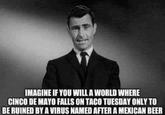 IMAGINE IF YOU WILL A WORLD WHERE CINCO DE MAYO FALLS ON TACO TUESDAY ONLY TO BE RUINED BY A VIRUS NAMED AFTER A MEXICAN BEER