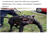 *customer service did an oopsie* Millenial: It's okay, mistakes happen Karen: Memecenter.com