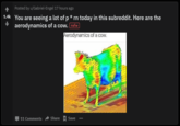 Posted by u/Gabriel-Engel 17 hours ago 1.4k You are seeing a lot of p * rn today in this subreddit. Here are the aerodynamics of a cow. nsfw Aerodynamics of a cow. 11 Comments Share Save