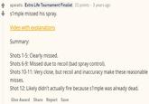 aparatis Extra Life Tournament Finalist 31 points· 3 years ago s1mple missed his spray. Video with explanations Summary: Shots 1-5: Clearly missed. Shots 6-9: Missed due to recoil (bad spray control). Shots 10-11: Very close, but recoil and inaccuracy make these reasonable misses. Shot 12: Likely didn't actually fire because s1mple was already dead. Give Award Share Report Save