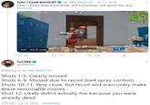 Tyler | Code WILDCAT Okay.I mean season 5 is great.but sometimes.this game doo doo. @L_AM_WILDCAT - Jul 12, 2018 #Fortnite LAZY UNKS *+4 0:07 49.3K views 48 27 76 1.6K TUCKER TRASH @JERICHO Replying to @l_AM_WILDCAT Shots 1-5: Clearly missed. Shots 6-9: Missed due to recoil (bad spray control). Shots 10-11: Very close, but recoil and inaccuracy make these reasonable misses. Shot 12: Likely didn't actually fire because you were already dead. 2:07 PM · Jul 12, 2018 · TweetDeck 111 111