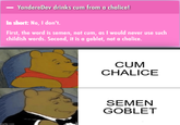 YandereDev drinks c-- from a chalice! In short: No, I don't. First, the word is semen, not c--, as I would never use such childish words. Second, it is a goblet, not a chalice. C-- CHALICE SEMEN GOBLET nglp.com
