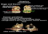 r/Dogelore relationships Doge and Karen: >Karen walked out, >Bloody Divorce >Bad Blood still got custody >Karen May or may not have cheated with Buff Doge I'm taking the kids You already have >Doge never let Karen them, d------ achieve her dream Caesar and Clara: >Love each other immensely >never cheats, liars try to smear them >though Clara is the Breadwinner, Caesar doesn't mind I love you Clara And I, you >Has weird, freaky sex
