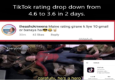 TikTok rating drop down from 4.6 to 3.6 in 2 days. theashokmeena Maine rating girane k liye 10 gmail or banaya haivs 30m 42 likes Reply Abhishek Everyone: tiktok TikTok TikTok Inc. Contains ads . In-app purchases 3.6 * 1B+ carefully, he's a hero 22M reviews Downloads