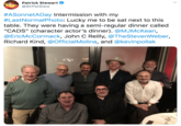 Patrick Stewart @SirPatStew #ASonnetADay Intermission with my #LastNormalPhoto: Lucky me to be sat next to this table. They were having a semi-regular dinner called "CADS" (character actor's dinner). @MJMcKean, @EricMcCormack, John C Reilly, @TheStevenWeber, Richard Kind, @OfficialMolina, and @kevinpollak