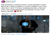 PRETENDING U KNOW WHAT YOUR DOING?? CANT BELIEVE U WOULD INSULT OUR CLASSIC FILM THIS WAY! BUT HEY! TYPICAL POS BEHAVIOR! U NEVER HAD THE LEADERSHIP OR COURAGE TO DO THIS ROLE! NEVER!  Vivica A. Fox @MsVivicaFox HUSILINA PRETENDING U KNOW WHAT YOUR DOING?? CANT BELIEVE U WOULD INSULT OUR CLASSIC FILM THIS WAY! BUT HEY! TYPICAL POS BEHAVIOR! U NEVER HAD THE LEADERSHIP OR COURAGE TO DO THIS ROLE! NEVER! Donald J. Trump @realDonald Trump · May 16 1:30 17.2M views @mad_liberals 6:04 PM · May 16, 2020 · Twitter for Android