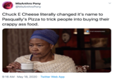 MisAnthro Pony @MisAnthroPony Chuck E Cheese literally changed it's name to Pasqually's Pizza to trick people into buying their crappy ass food. #THETHRONEMZANSI 9:16 AM · May 18, 2020 · Twitter Web App >