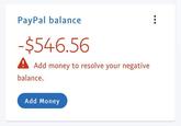 add more money PayPal balance -$546.56 A Add money to resolve your negative balance. Add Money ...