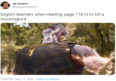 English Teachers val sulcano @sassquatchass19 English teachers when reading page 174 in to kill a mockingbird 12:25 PM · May 21, 2020 · Twitter for iPhone