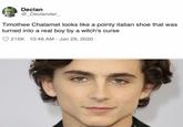 Declan @_Declander Timothee Chalamet looks like a pointy italian shoe that was turned into a real boy by a witch's curse O 215K 10:46 AM - Jan 29, 2020