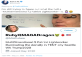 Amica Ali @AmicaAli Replying to @TheRickWilson I'm still trying to figure out what the hell a "Multidimensional Q Patriot Lightworker" is. <G MILITARY VEANRY ALL NO 36 00 Follow RubyQMAGADragon @MiaRubee MultiDimentional Q Patriot Lightworker Illuminating the density in TENT city Seattle WA Trump202O O Joined May 2020 12:07 PM - May 27, 2020 - Twitter for iPhone