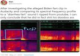 Alan @findomearle After investigating the alleged Biden fart clip in Audacity and comparing its spectral frequency profile to a "diarrhea fart" sound I ripped from youtube, I can only conclude that he did in fact s--- his doodoo ass fart? 1:43 PM · May 27, 2020 · TweetDeck