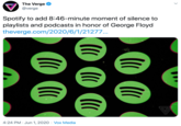 The Verge @verge Spotify to add 8:46-minute moment of silence to playlists and podcasts in honor of George Floyd theverge.com/2020/6/1/21277... 4:24 PM · Jun 1, 2020 · Vox Media >