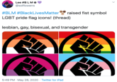 Lee #BLM @solflowerrs raised fist symbol #BLM #BlackLivesMatter LGBT pride flag icons! (thread) lesbian, gay, bisexual, and transgender 5:49 PM · May 28, 2020 · Twitter for iPad >