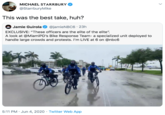 MICHAEL STARRBURY @StarrburyMike This was the best take, huh? Jamie Guirola EXCLUSIVE: "These officers are the elite of the elite". A look at @MiamiPD's Bike Response Team- a specialized unit deployed to handle large crowds and protests. I'm LIVE at 6 on @nbc6 O @jamieNBC6 · 23h 5:11 PM · Jun 4, 2020 · Twitter Web App