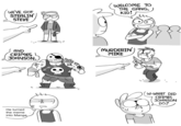 WELCOME TO THE GANG, KID! WE'VE GOT STEALIN STEVE AND CRIMES JOHNSON. MURDERIN MIKE W-WHAT DID CRIMES JOHNSON DO? He turned the meme into Manga 0.