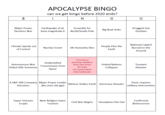 APOCALYPSE BINGO can we get bingo before 2020 ends? В N G Earthquake of at least magnitude 6 Major Power Scramble for Drugged Out Big Boat Sinks Declares War North/South Pole Zombies National Capitol People Flee the Earth Climate Spirals out Nuclear Event 1% Humanity Dies Burned to the of Control Ground Coronavirus Unidentified Australian Wildfires Autonomous War Plane Shot Down United Nations Tsunami Transmission from Robot Kills Someone RIP Kobe Collapses Disaster Space Iran Assassination Utah Earthquake A S&P 500 Company Major Power Leader dies (not old age) Panic requires Meteor Strikes Earth Hurricane Disaster Dissolves military intervention Super Volcano New Religion Gains Confirmed Civil War Begins Honeybees Die Out Erupts Traction Bioterrorism