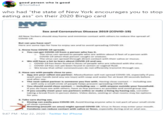 good person who is good @SortaBad who had "the state of New York encourages you to stop eating ass" on their 2020 Bingo card NYC Health Sex and Coronavirus Disease 2019 (COVID-19) All New Yorkers should stay home and minimize contact with others to reduce the spread of COVID-19. But can you have sex? Here are some tips for how to enjoy sex and to avoid spreading COVID-19. 1. Know how COVID-3 spreads. • You can get COVID-19 from a person who has it. • The virus can spread to people who are within about 6 feet of a person with covo-19 when that person coughs or sneezes O The virus can spread through direct contact with their saliva or mucus We still have a lot to learn about COVID-19 and sex. • covo-19 has been found in feces of people who are infected with the virus. • covo-19 has not yet been found in semen or vaginal fluid. • We know that other coronaviruses do not efficently transmit through sex. 2. Have sex with people close to you. • You are your safest sex partner. M----------- will not spread COID-19, especially if you wash your hands (and any sex toyn) with soap and water for at least 20 seconds before and after sex. • The next safest partner is someone you live with. Having close contact-including sex - with only a small circle of people helps prevent spreading COVID-19. • You should avoid close contact-including sex- with anyone outside your household. If you do have sex with others, have as few partners as possible and avoid group sex . f you usually meet your sex partners online or make a living by having sex, consider taking a break from in person dates. Video dates, sexting or chat reoms may be options for you 1. Take care during sex Kissing can easily pass COVID-19. Avoid kissing anyone who is not part of your small circle of close contacts Rimming (mouth on anus) might spread COVID-19. Virus in feces may enter your mouth. Condoms can reduce contact with saliva or feces, especialy during oral or a--- sex. 9:47 PM · Mar 22, 2020 · Twitter for iPhone