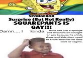 SPONGEBOB Surprise (But Not Really) SQUAREPANTS IS GAY!!! Damn.... I kinda think hes just a sponge and shouldnt be straight or gay because its a kids show and kids dont need to know whether he likes c--- or vagina.